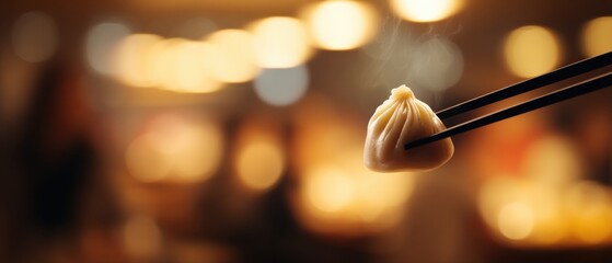 Xiao Long Bao Held by Chopsticks with Blurred Background