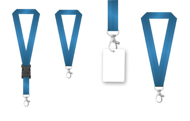 Badges Lanyard design. Identification card with ribbon. Metal closure and card with plastic. Accreditation for events congresses and companies. Vector