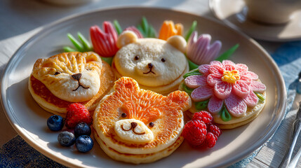 A plate with a variety of animal and flower-shaped cookies. The cookies are brightly decorated with different colors of icing.