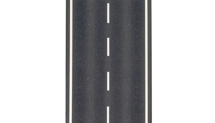 Straight asphalt road with dashed white centre line, top-down view, isolated on transparent background.
