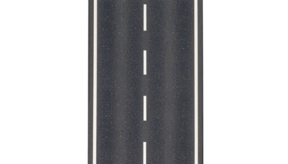 Straight asphalt road with dashed white centre line, top-down view, isolated on transparent background.