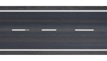 Straight asphalt road with dashed white centre line, top-down view, isolated on transparent background