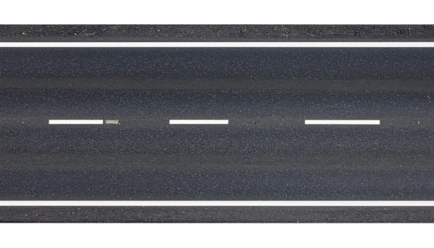 Straight asphalt road with dashed white centre line, top-down view, isolated on transparent background