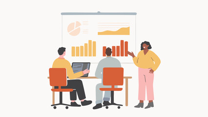 Illustration of a presentation with charts and graphs being given to two people sitting at a desk with laptop