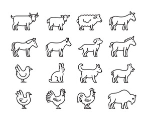 Collection of farm and domestic animal line art icons on white background farm animals domestic animals