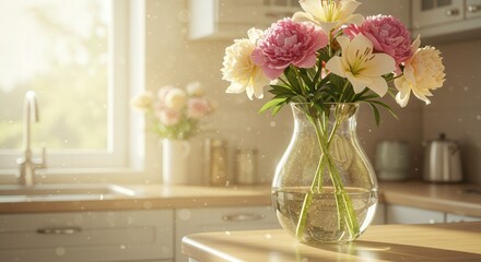 Sunlit modern kitchen with delicate pink and white peony bouquet in glass vase, soft golden glow, and cozy background featuring kitchen appliances and greenery