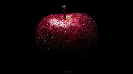 A close up of a wet red apple with a stem against a black background in dramatic lighting