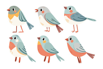 Collection of Chirping Songbirds: A charming set of six cartoon songbirds, each with unique markings, create a harmonious symphony of visual delights, embodying the spirit of avian grace and charm.