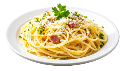 spaghetti pasta garnished with mint and white sauce top view isolated on transparent background