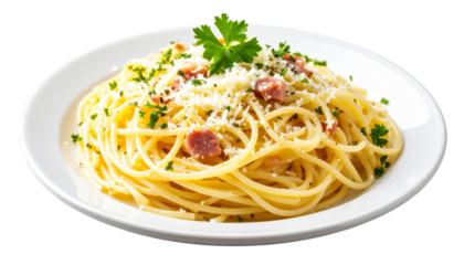 spaghetti pasta garnished with mint and white sauce top view isolated on transparent background