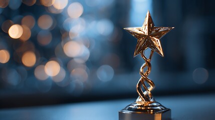 A golden star trophy with a twisted stem stands against a blurred bokeh background in soft lighting