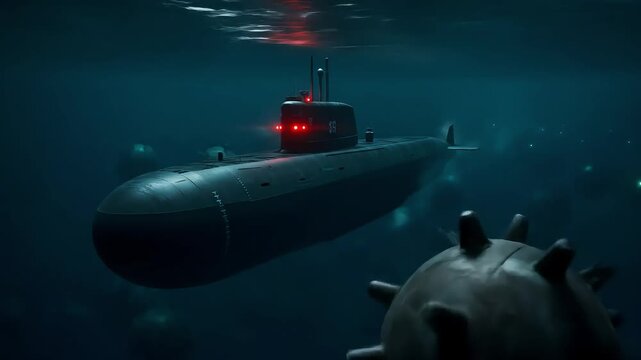 Submarine Emitting Red Glow During Deep Sea Operations in Strategic Military Zone