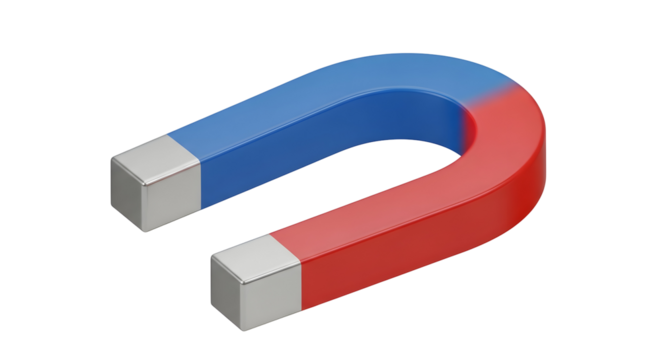 Dynamic horseshoe magnet with contrasting blue and red poles, perfect for science education and conceptual design projects.