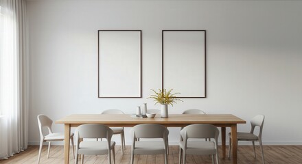 Modern dining room with wooden table and empty frames on wall  