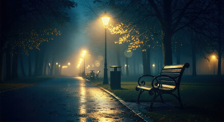 Misty night park path illuminated by glowing streetlights and wet reflections