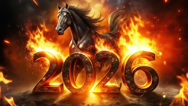 Fiery numbers 2026 on a black background fiery horse