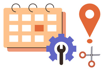 Calendar with a highlighted date, gear tool, scissors, and a location marker. Ideal for scheduling, organization, teamwork, productivity, time management planning simple flat metaphor