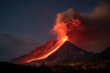 Fototapeta premium Spectacular Volcanic Eruption Under a Starry Night Sky, with Lava Flowing Downhill