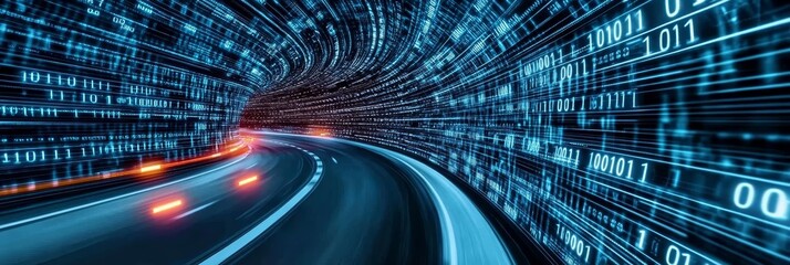 Digital information traveling through a high-speed tunnel, showcasing binary code and light trails