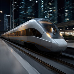 Fototapeta premium Sleek high speed train gliding through modern city at night, illuminated by urban lights, futuristic and dynamic atmosphere