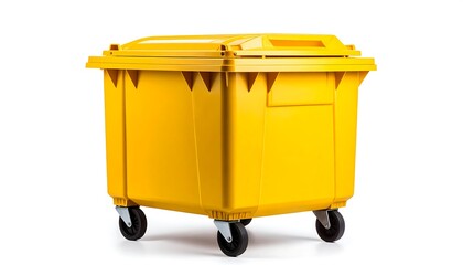Bright yellow industrial waste container isolated on white background, promoting cleanliness