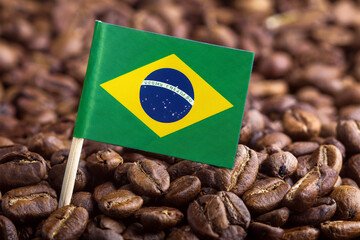 Brazil national flag on roasted coffee beans. Concept for export, import, business, market, industry and tariff of coffee bean.  Generated image