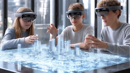 Three young students wearing augmented reality headsets are interacting with a holographic projection of a smart city, exploring innovative urban planning and development concepts