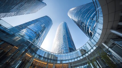 Worm's eye view of modern glass skyscrapers against a clear blue sky in a circular courtyard