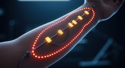 Human Arm Augmented with Luminous Bio-Sensors and Glowing Orange LED Circuitry