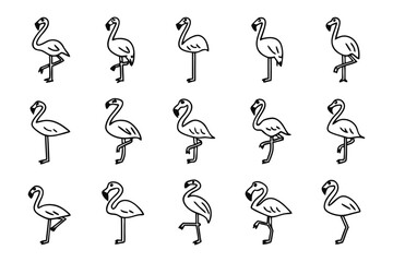 Graceful Flamingo Array: A structured array showcases the elegance of flamingos through refined line art, highlighting their iconic form and graceful posture in a minimalistic, illustrative manner.