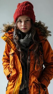 Young woman in stylish orange winter jacket and red beanie standing against neutral background during chilly season