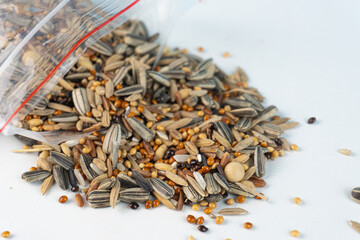 Spilled Seeds Bird Food Mix on White CloseUp with Overflowing Bag.