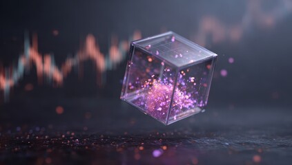 Floating glass cube with glowing particles