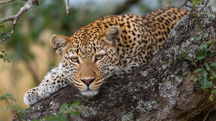 Fototapeta premium ai majestic leopard resting on a tree branch in the African savannah during a sunny afternoon