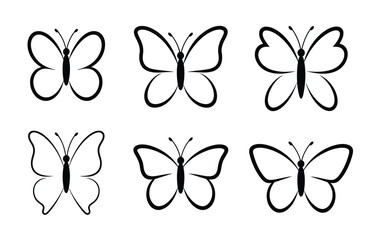 Six minimalist black and white butterfly outlines butterflies