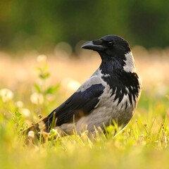 Crow in field, profile view