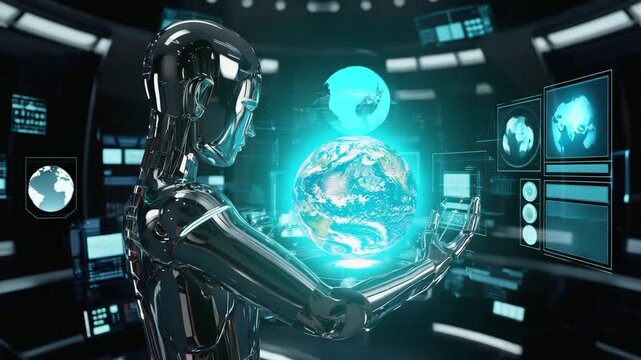 Sleek chrome robot elegantly holds glowing Earth planet in futuristic holographic control center, symbolizing global technology and innovation. - Powered by Adobe