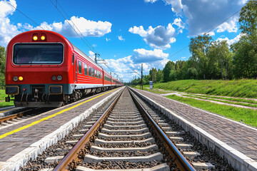 Fototapeta premium Express train on a train track with route map display and high-quality 8k quality offering copy space for text