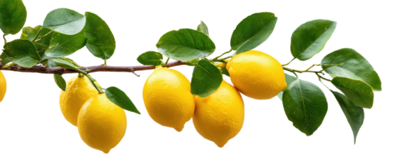 Fresh yellow lemons hanging from a branch. Transparent background