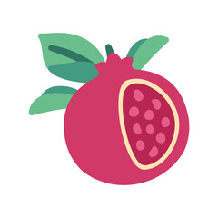 editable colored vector illustration or icon of a ripe pomegranate and leaves