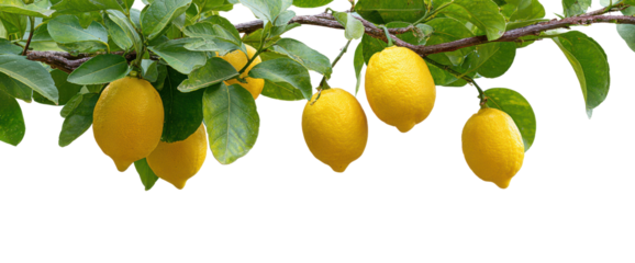 Fresh yellow lemons hanging from a branch. Transparent background