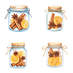 Glass jars with dried orange slices, cinnamon sticks, and star anise on transparent background