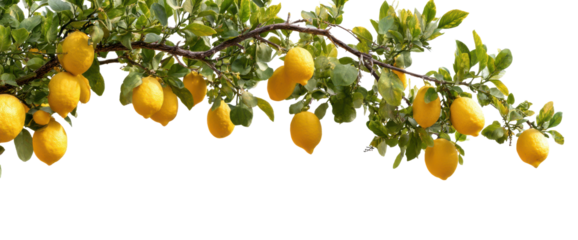 Fresh yellow lemons hanging from a branch. Transparent background