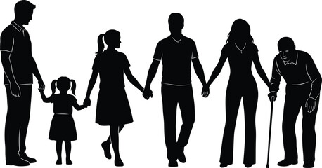 Generational family aging progression silhouette vector illustration