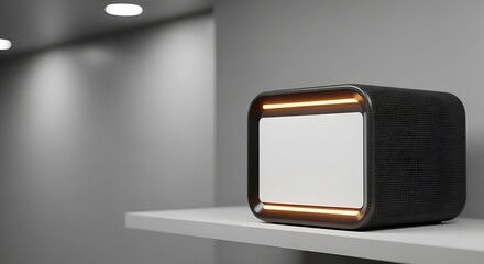 Speaker with Glowing Frame Displayed on Shelf in Minimalist Interior