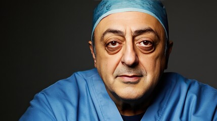 Portrait of a man, possibly a surgeon, wearing scrubs and cap, facing the viewer