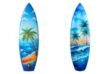 Fototapeta premium Two vibrantly painted surfboards showcasing tropical beach scenes with palm trees and ocean waves isolated on transparent background