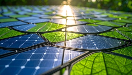 Menangkap energi masa depan yang berkelanjutan dengan teknologi panel surya inovatif yang terintegrasi mulus dengan elemen alam hijau subur, bermandikan sinar matahari yang hangat.