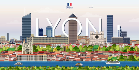 Lyon cityscape colorful vector illustration with big city name on the background. Travel trendy poster