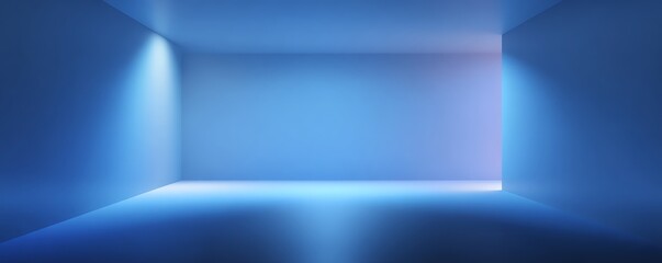 A minimalist blue room with soft lighting creating a serene and modern aesthetic space design